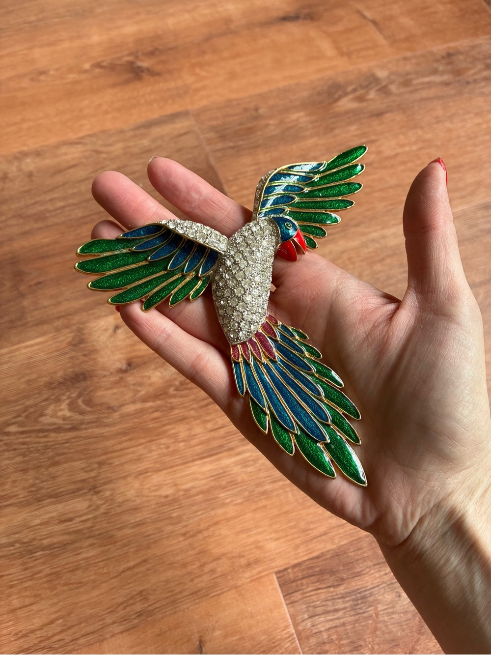 Parrot Brooch Pin With Rhinestones Large 5” Vintage